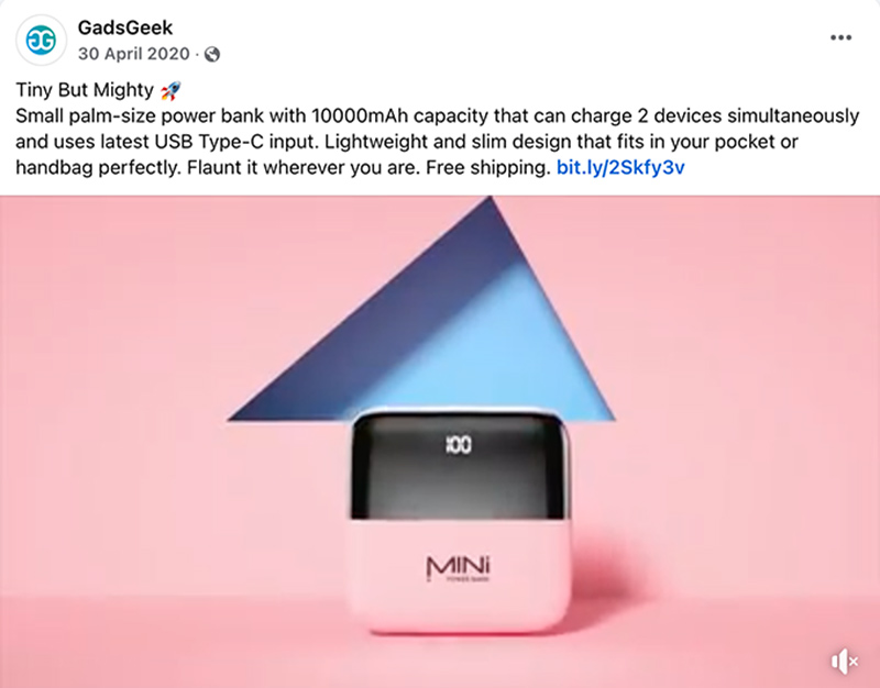 GadsGeek social media advertisement for a Mini PowerBank that fits in your pocket and handbag so mobile users do not have to worry about running out of battery.